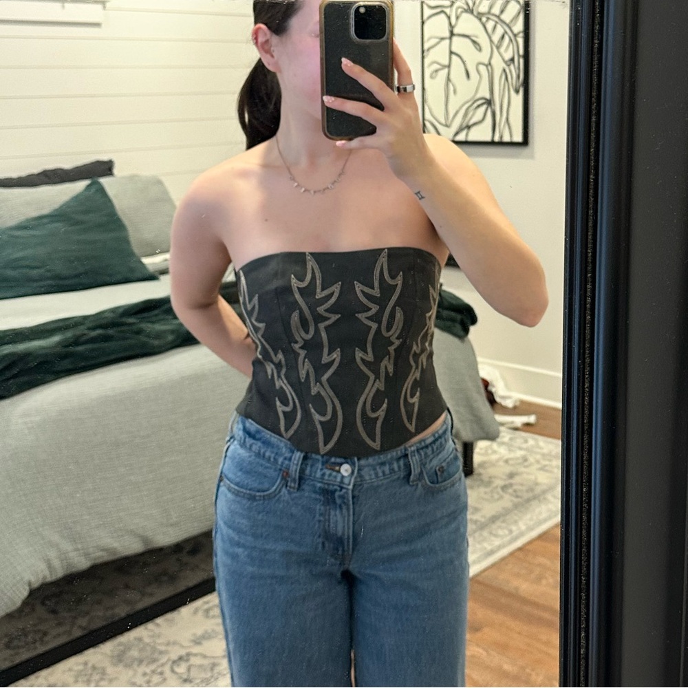 Black Western Embroidered Strapless Corset Top